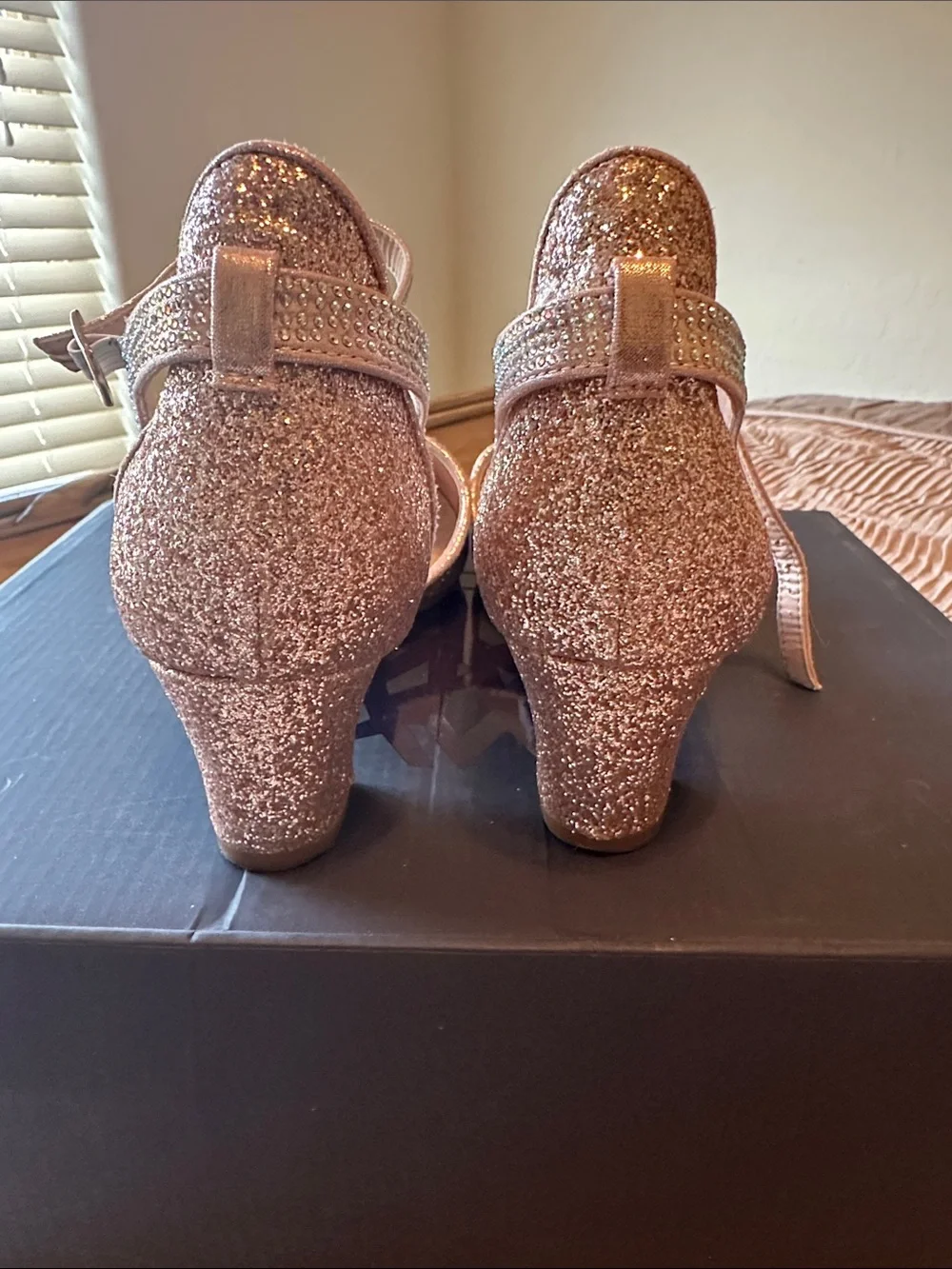 Girls Glitter Rose Gold Ankle Strap Heels